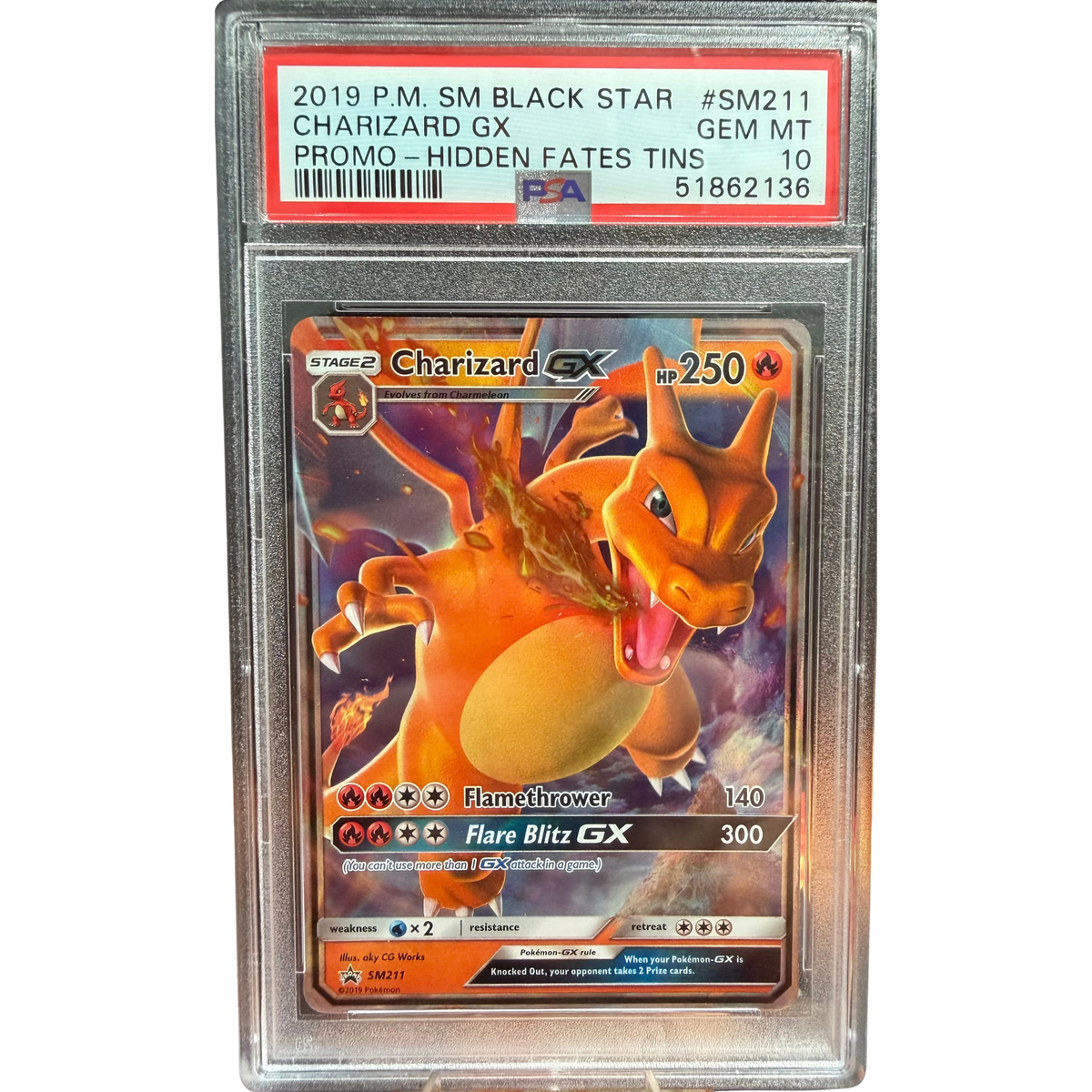 POKEMON CHARIZARD GX P.M. SM BLACK STARS #SM211 ENG PROMO HIDDEN FATES TINS PSA 10