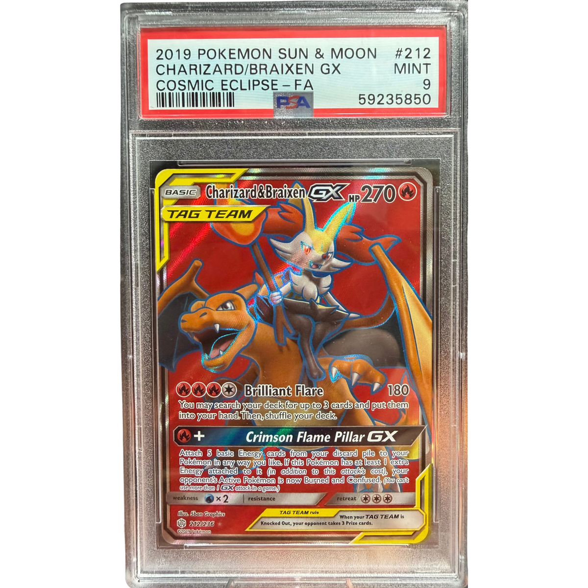 POKEMON CHARIZARD & BRAIXEN GX #212 TAG TEAM SUN & MOON COSMIC ECLIPSE ENG PSA 9