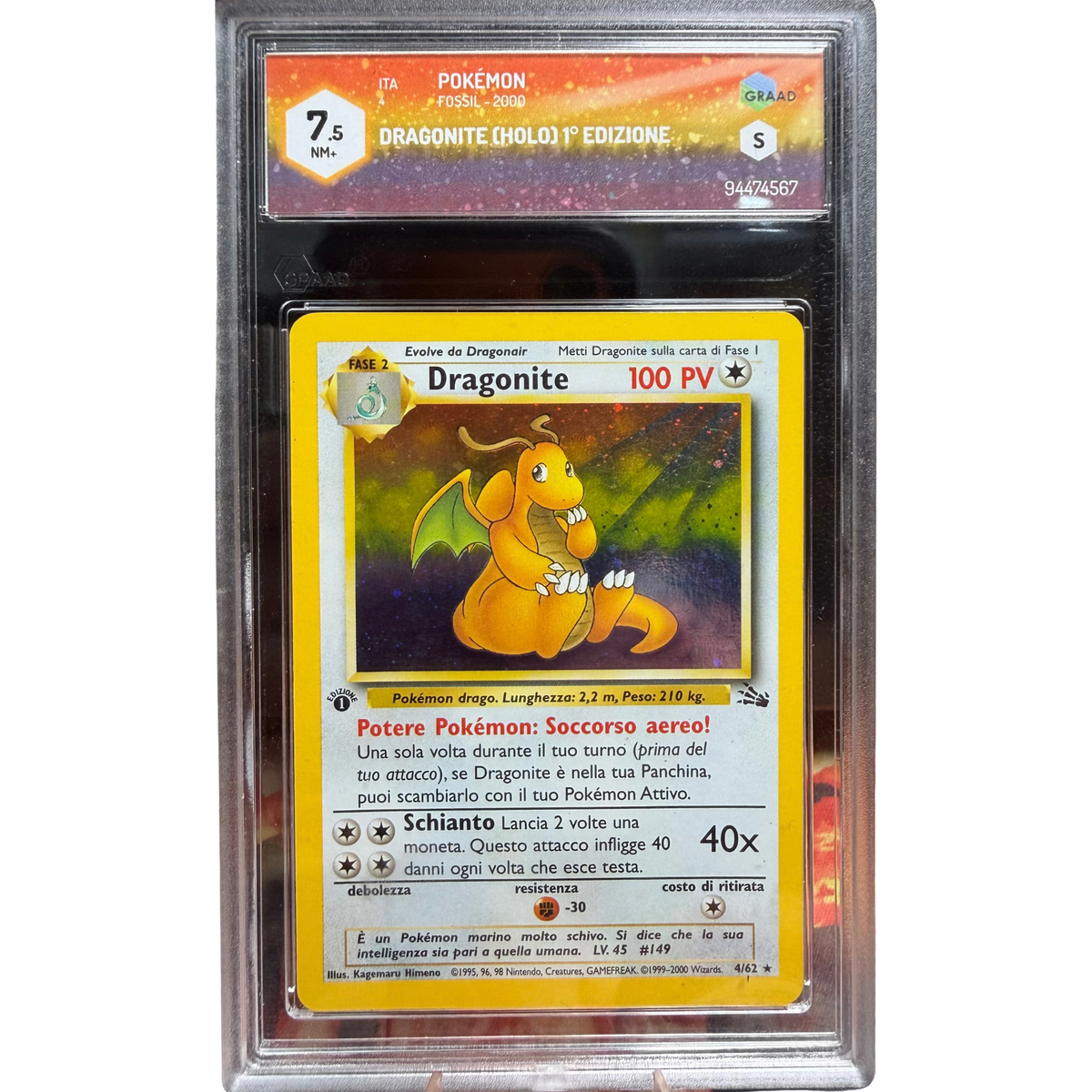 POKEMON DRAGONITE HOLO 1°EDZIONE #4/62 FOSSIL 2000 ITA GRAAD 7,5